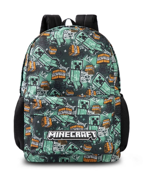 Minecraft backpack featuring Creeper and TNT block all-over print in green and black colours.