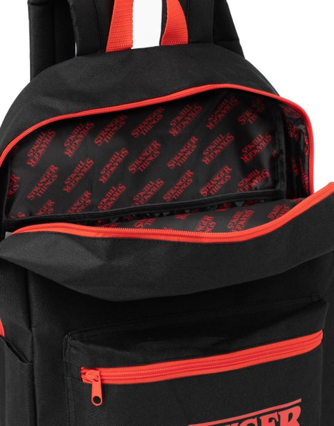 Stranger Things Hellfire Club backpack with red and black design and iconic logo