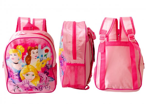 Pink Disney Princess backpack featuring Cinderella, Belle and Rapunzel with This Is My Story design