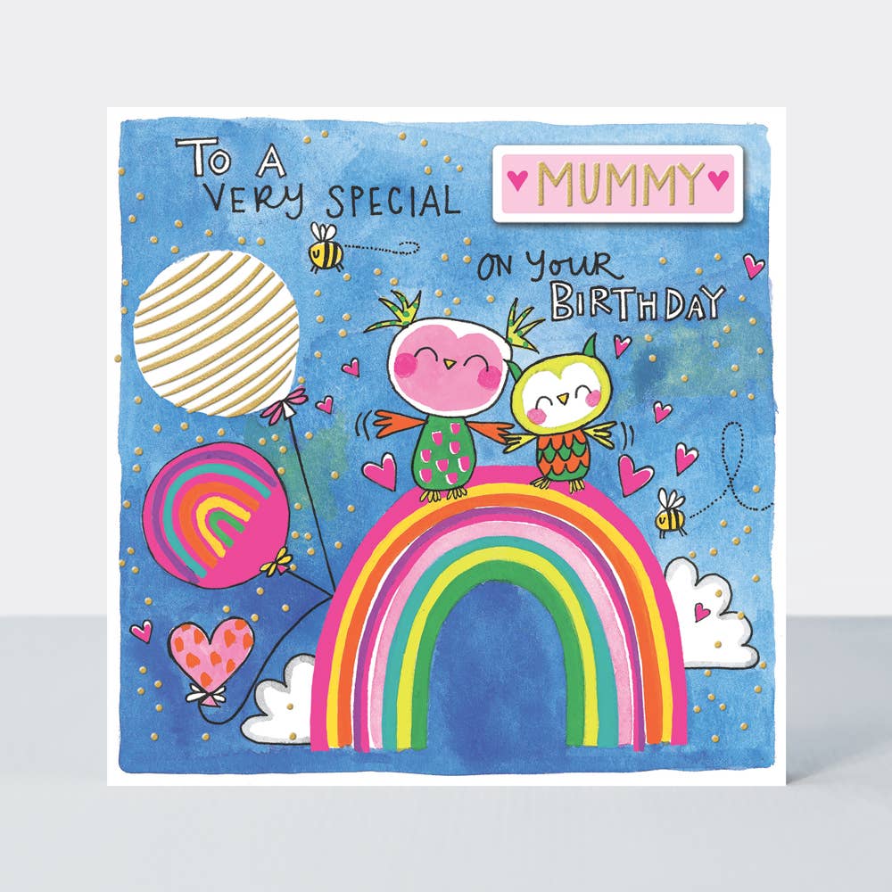 Special Mummy Birthday Card with Owls On Rainbow
