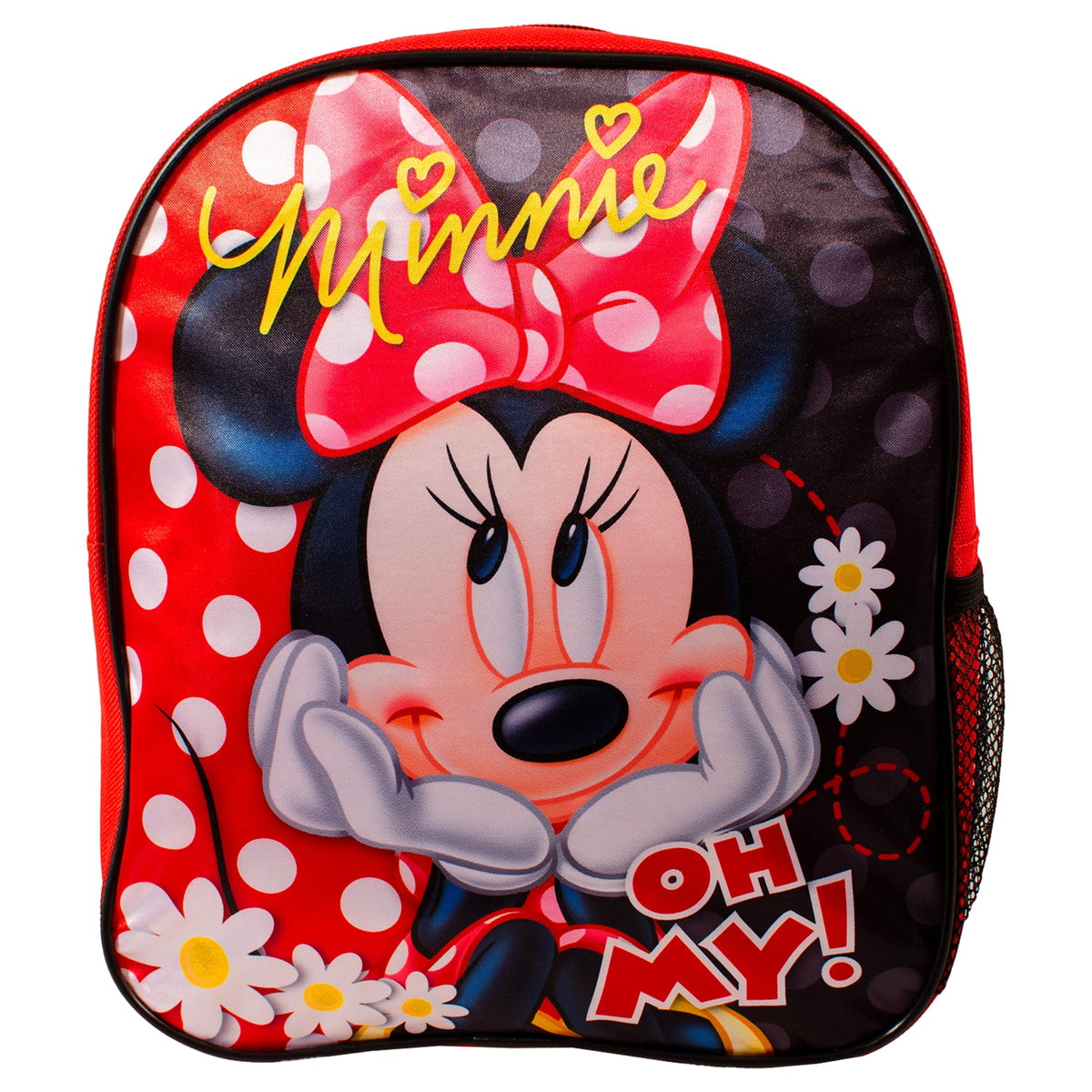 Minnie Mouse backpack with red polka dot bow design and adjustable shoulder straps
