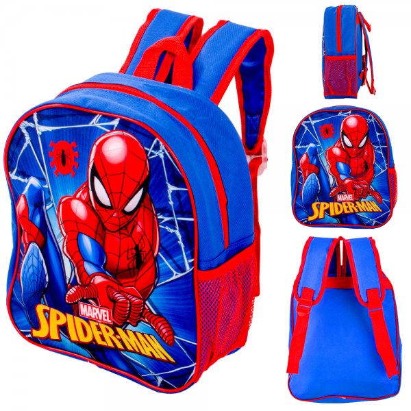 Marvel Spider-Man blue and red backpack with web design, front pocket and mesh bottle holder