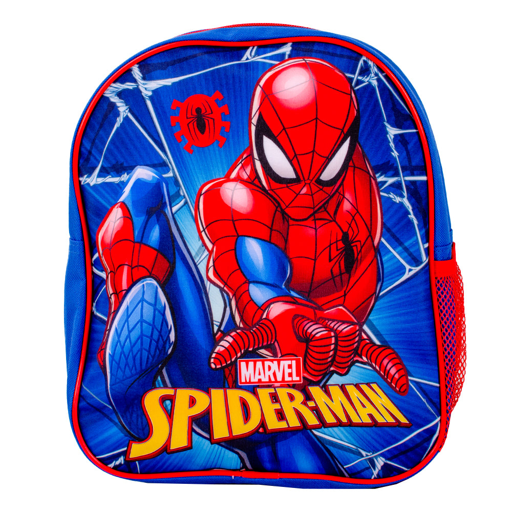 Marvel Spider-Man blue and red backpack with web design, front pocket and mesh bottle holder