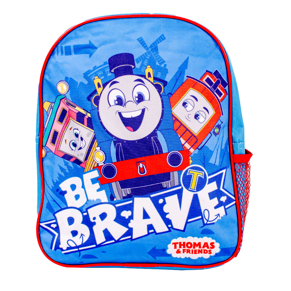 Blue and red Thomas & Friends Be Brave backpack with character print, mesh side pocket and padded shoulder straps 🚂🎒