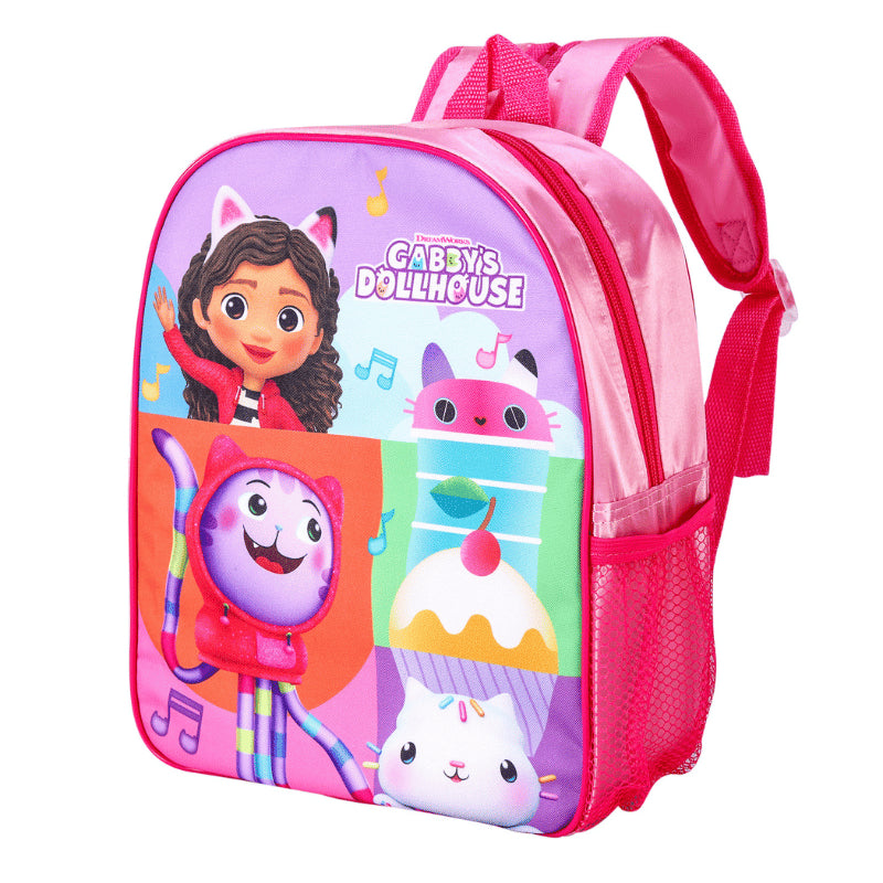 Pink Gabby’s Dollhouse backpack with character design, front zip pocket and side mesh bottle holder