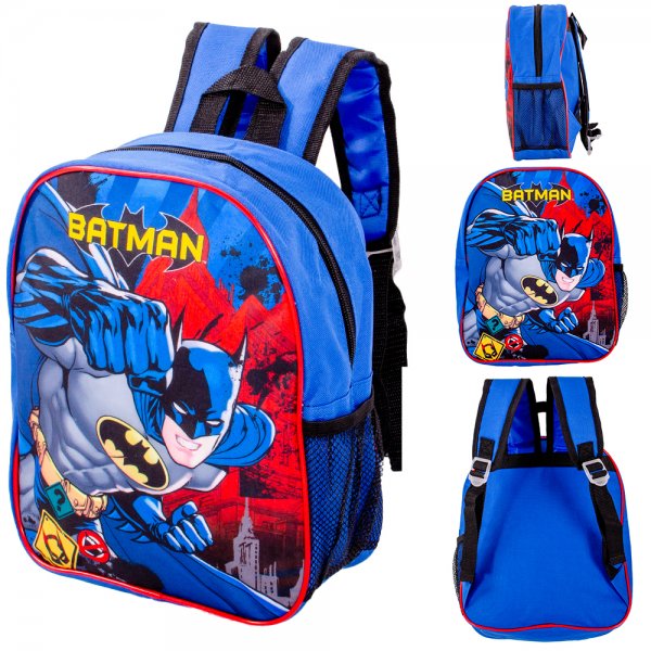 Blue Batman backpack with superhero artwork, front zip pocket and mesh bottle holder