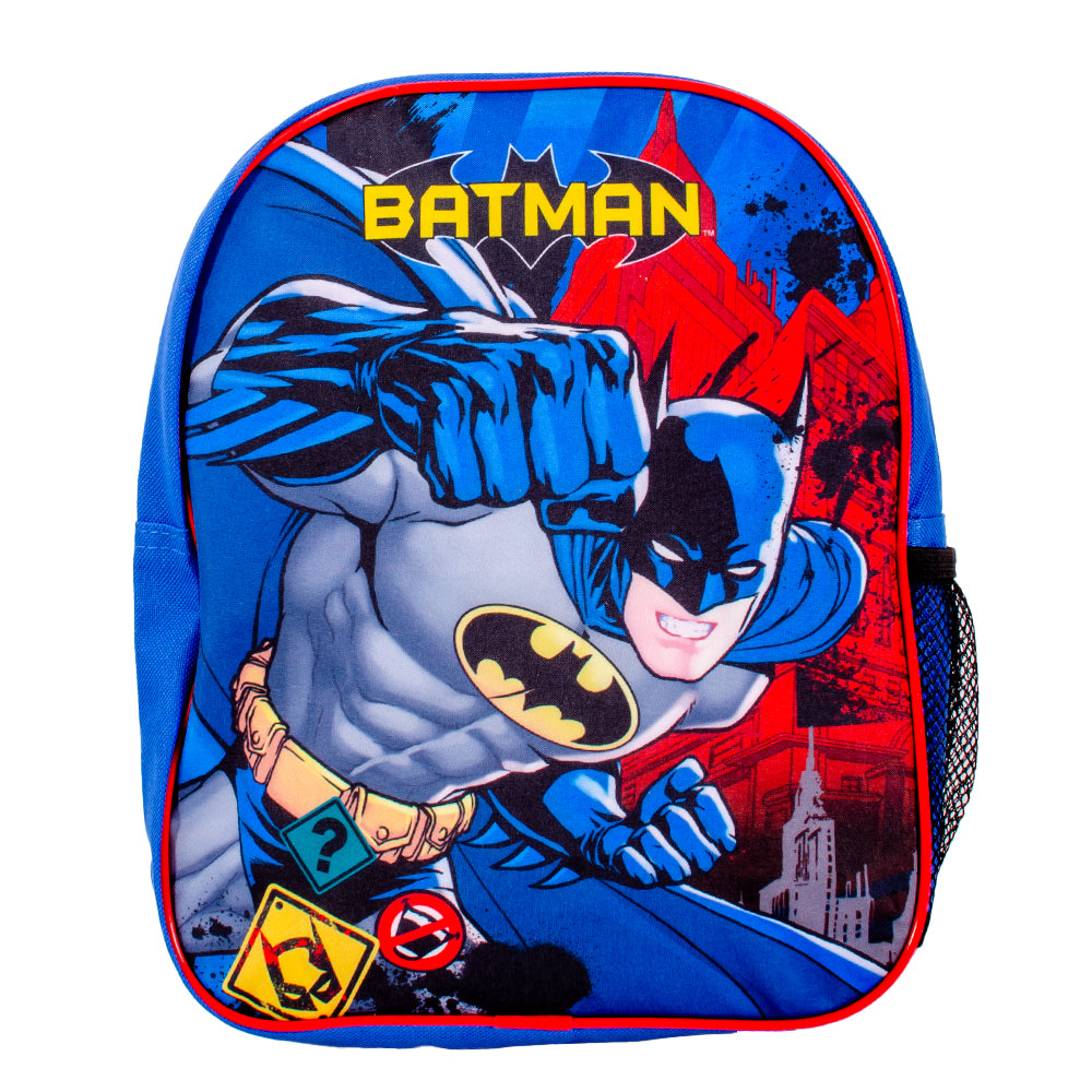 Blue Batman backpack with superhero artwork, front zip pocket and mesh bottle holder