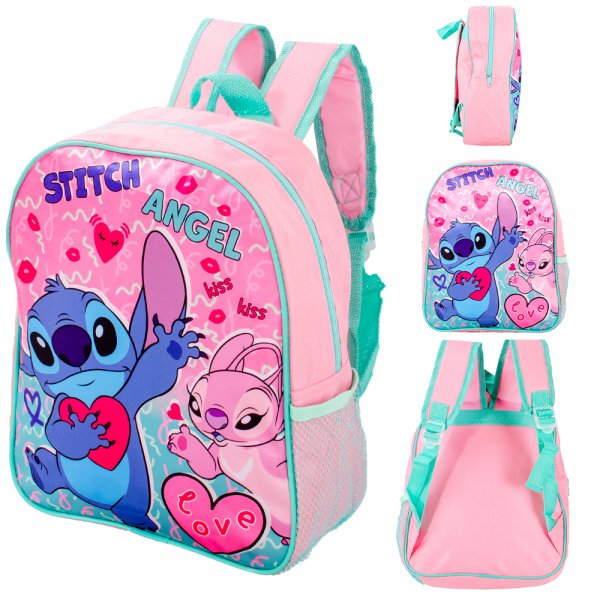 Pink Stitch and Angel backpack with heart design and adjustable straps