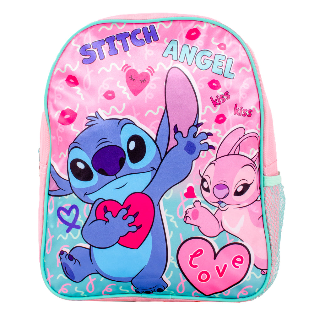 Pink Stitch and Angel backpack with heart design and adjustable straps