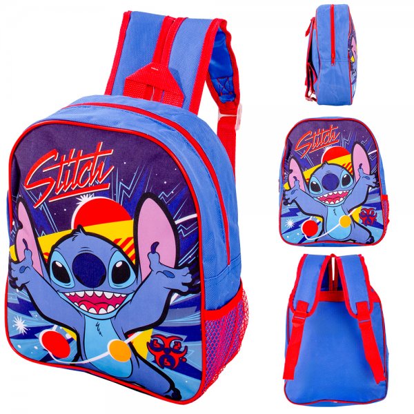 Blue Disney Stitch backpack with front pocket, red straps and mesh side pocket
