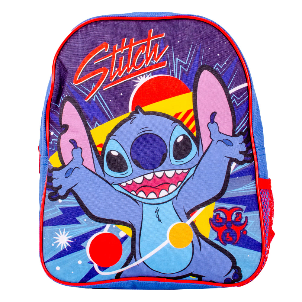 Blue Disney Stitch backpack with front pocket, red straps and mesh side pocket
