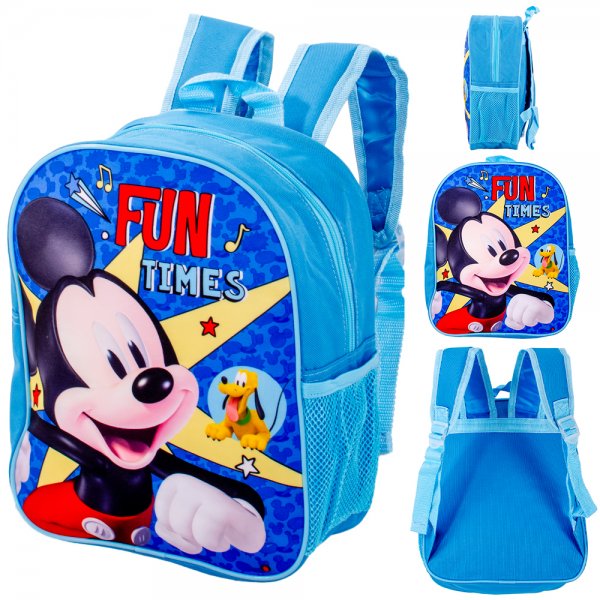 Blue Disney Mickey Mouse backpack with Fun Times design, front pocket and mesh bottle holder