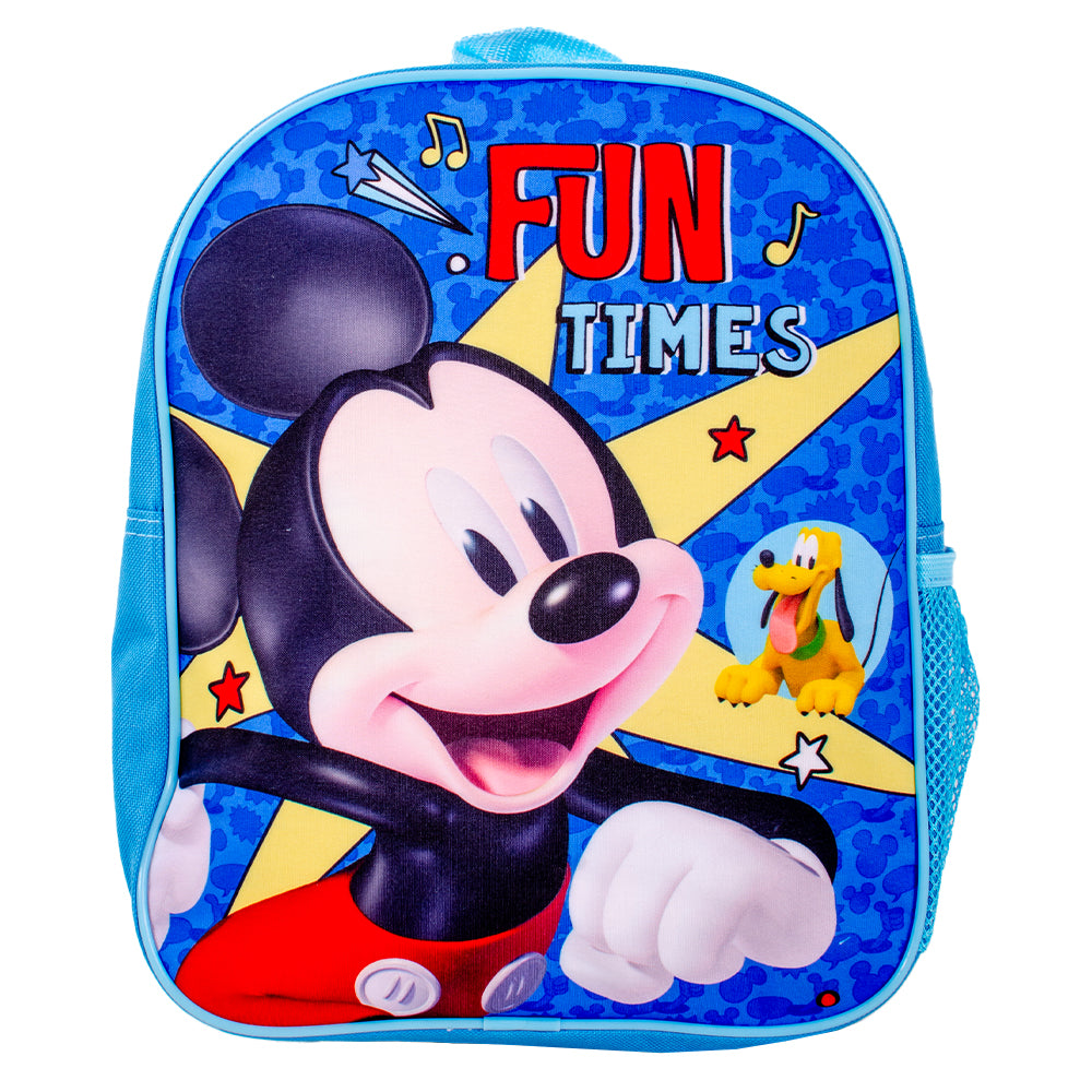 Blue Disney Mickey Mouse backpack with Fun Times design, front pocket and mesh bottle holder