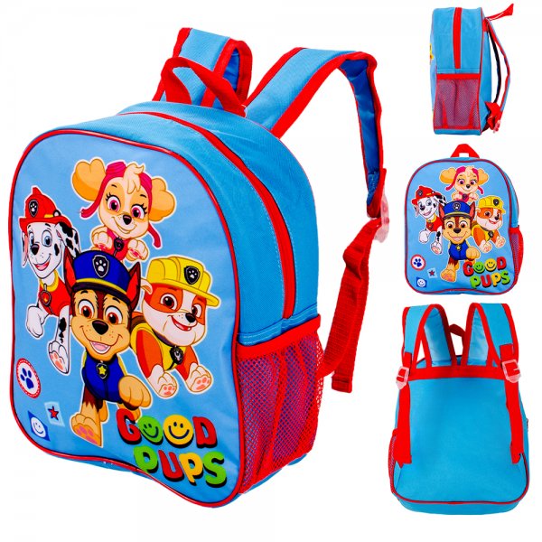 Blue Paw Patrol backpack featuring Good Pups design with front zip pocket and mesh bottle holder