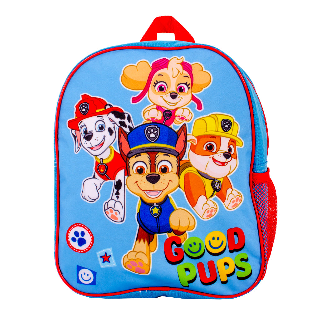 Blue Paw Patrol backpack featuring Good Pups design with front zip pocket and mesh bottle holder