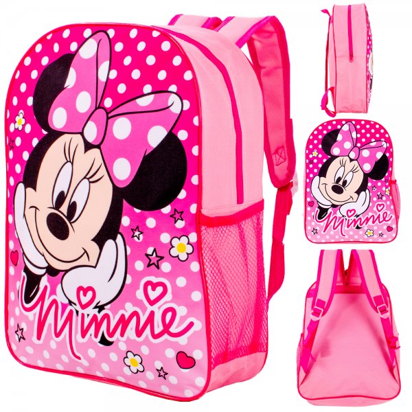 Pink Minnie Mouse backpack with polka dots and bow design