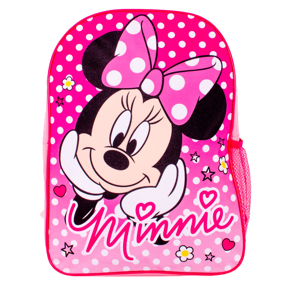 Pink Minnie Mouse backpack with polka dots and bow design