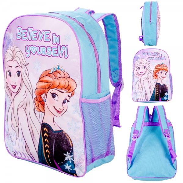 Frozen Elsa and Anna Believe in Yourself backpack with blue and purple design

