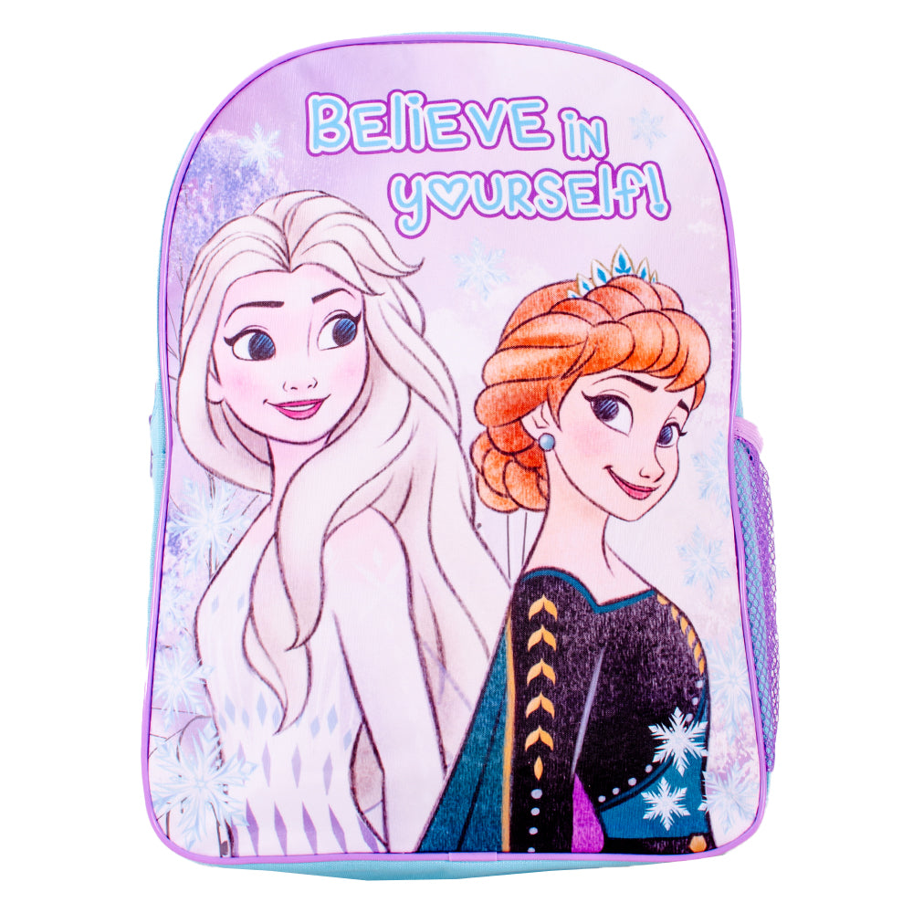 Frozen Elsa and Anna Believe in Yourself backpack with blue and purple design
