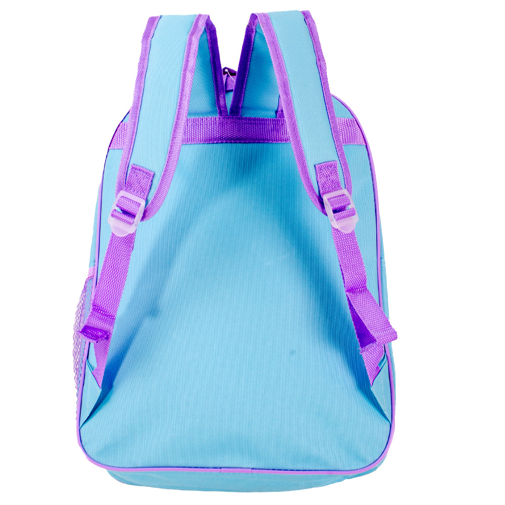 Frozen Elsa and Anna Believe in Yourself backpack with blue and purple design
