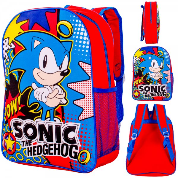 Sonic the Hedgehog backpack with blue and red comic-style character design