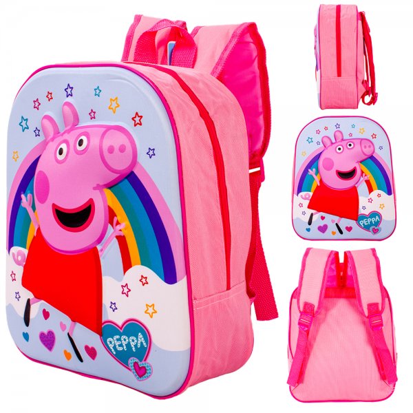 Pink Peppa Pig backpack with rainbow design and raised 3D front panel