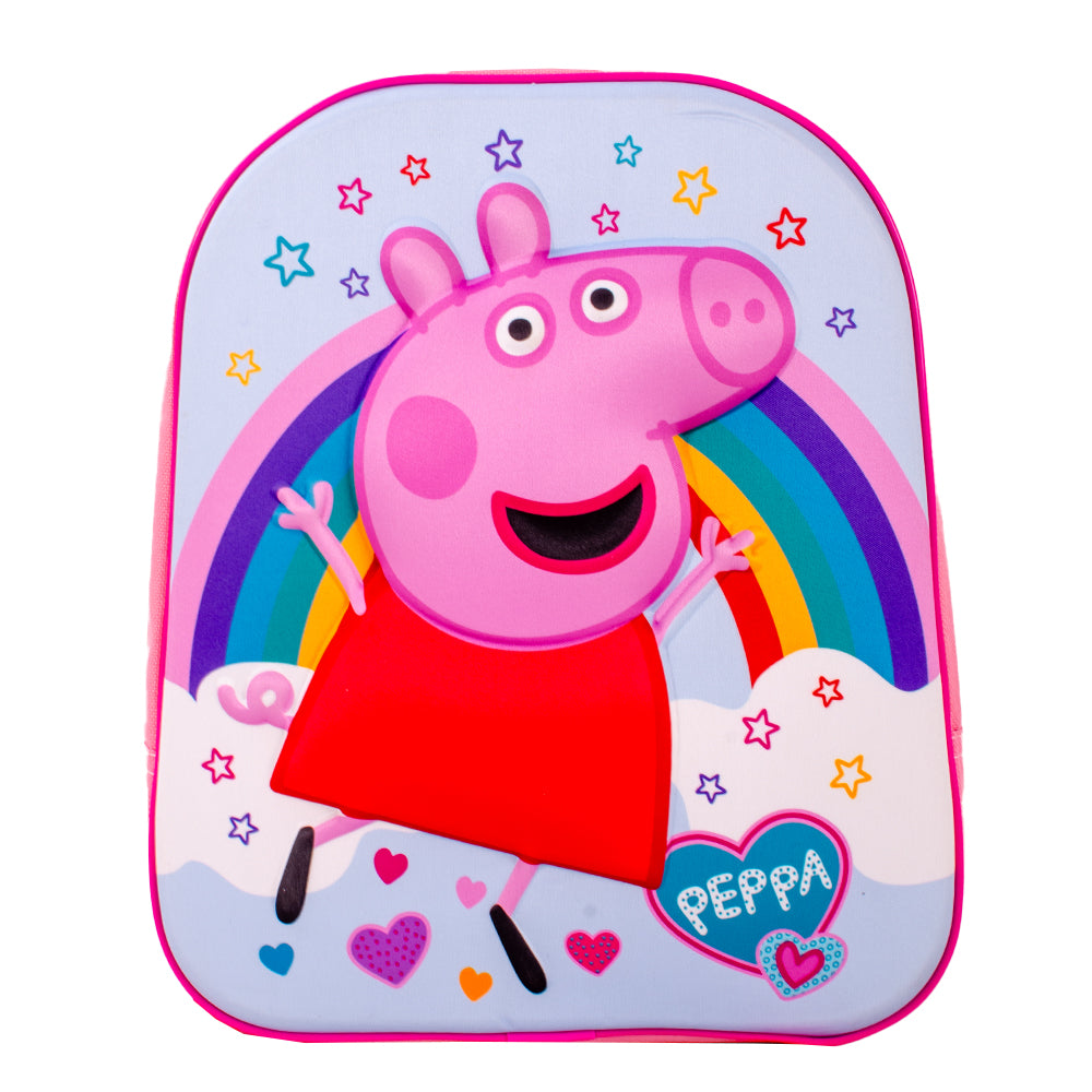 Pink Peppa Pig backpack with rainbow design and raised 3D front panel