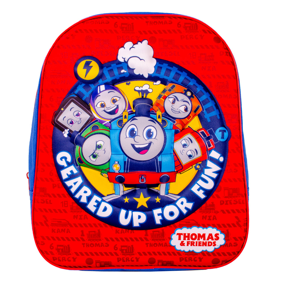 Red and blue Thomas & Friends backpack with raised 3D front design