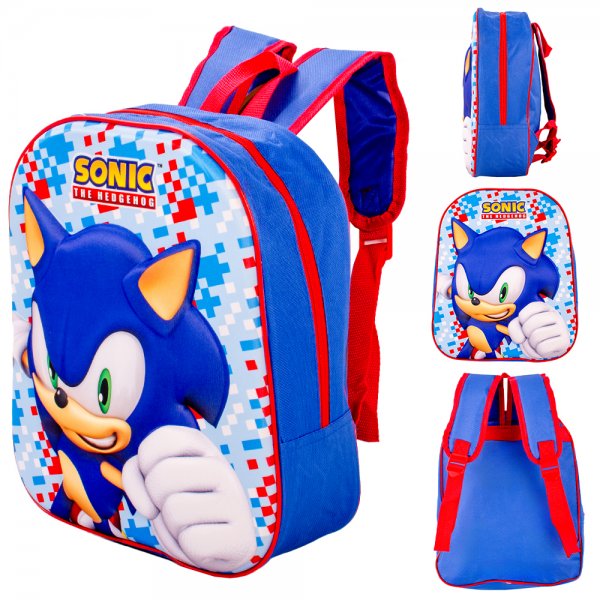 Sonic the Hedgehog blue and red backpack with pixel design and double zip compartments