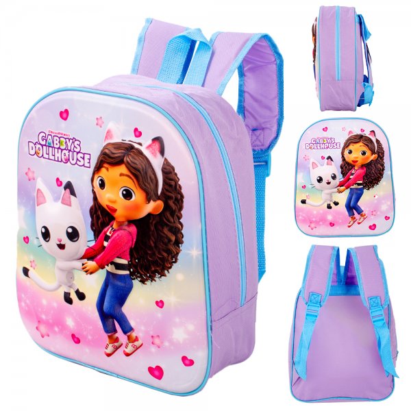 Gabby’s Dollhouse purple backpack with cartoon girl and kitten design