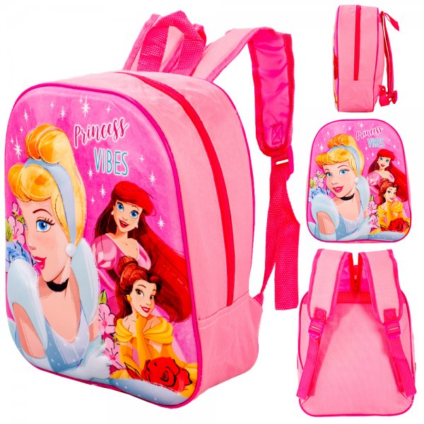 Princess Vibes pink Disney backpack with princess print and adjustable shoulder straps