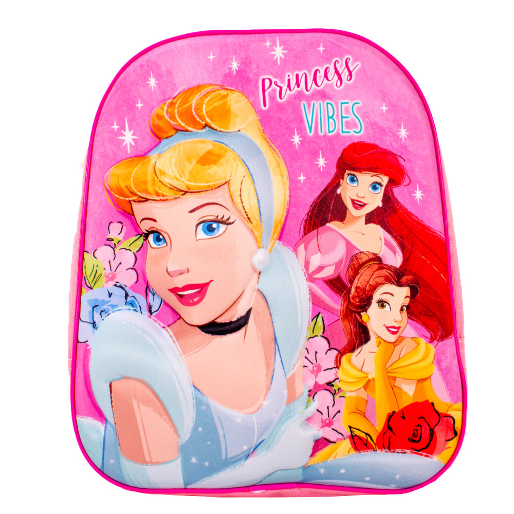 Princess Vibes pink Disney backpack with princess print and adjustable shoulder straps