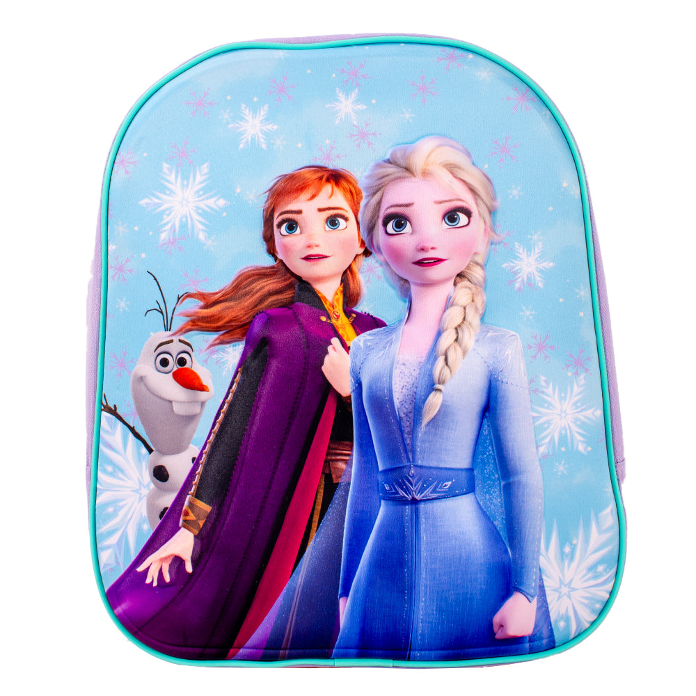 Disney Frozen backpack with Elsa and Anna snowflake design in purple and blue
