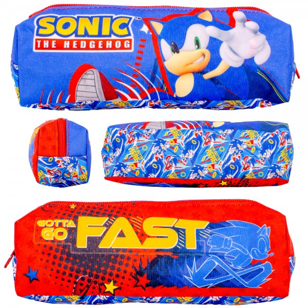 Sonic the Hedgehog pencil case with blue and red design and zip closure