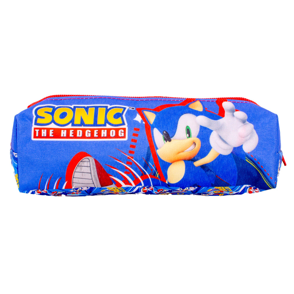 Sonic the Hedgehog pencil case with blue and red design and zip closure