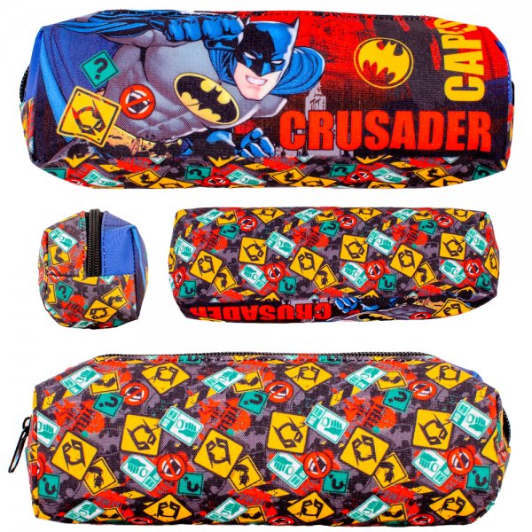 Batman pencil case with red, blue and comic-style design and zip closure