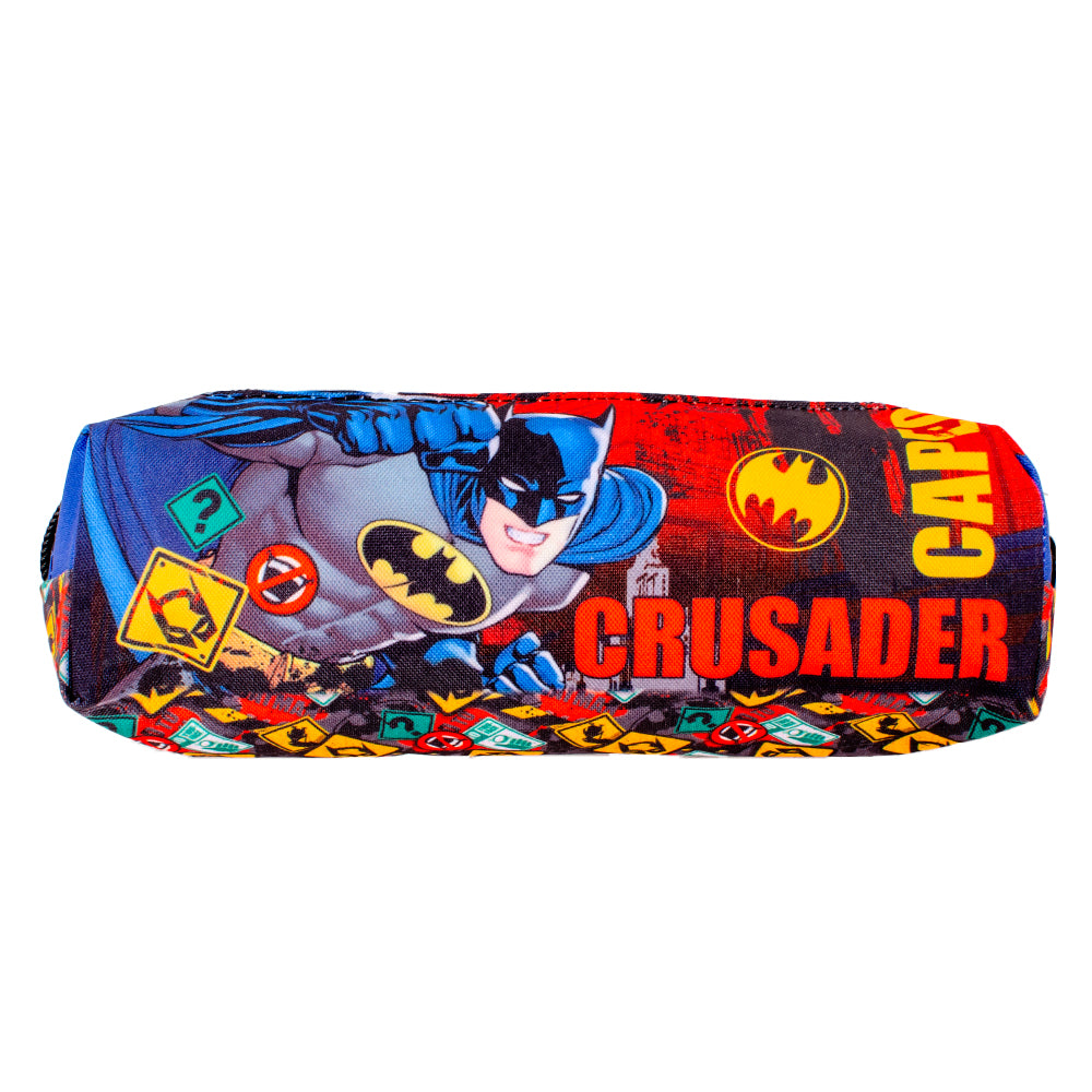 Batman pencil case with red, blue and comic-style design and zip closure