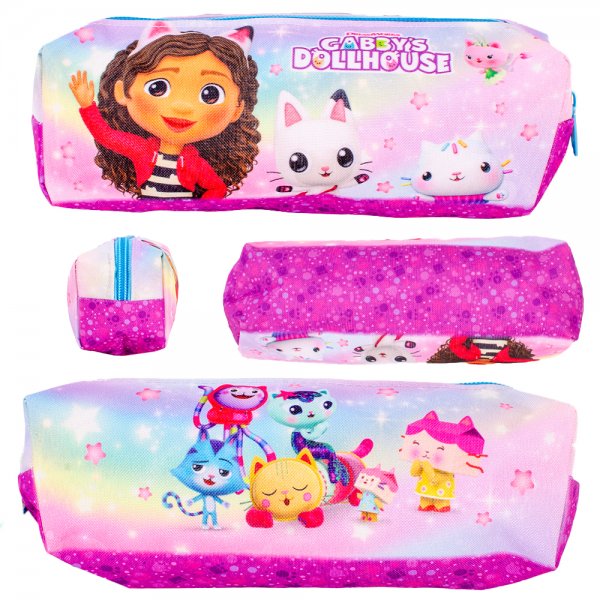 Gabby’s Dollhouse pencil case with pink design and character artwork on front and back