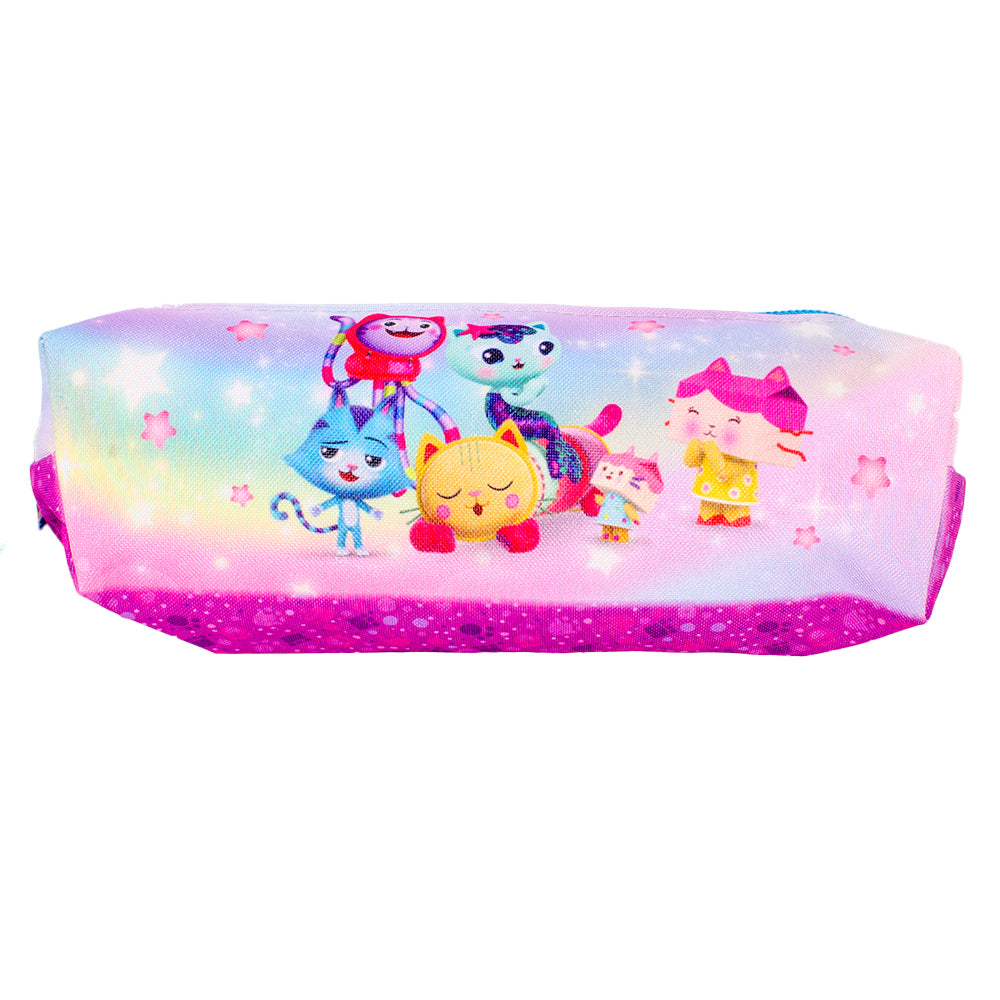 Gabby’s Dollhouse pencil case with pink design and character artwork on front and back