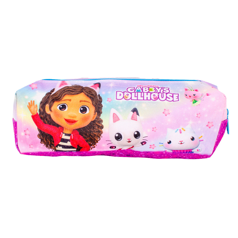 Gabby’s Dollhouse pencil case with pink design and character artwork on front and back