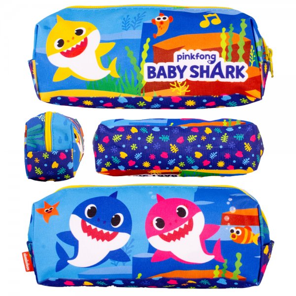Baby Shark themed pencil case with blue ocean design and colourful shark characters