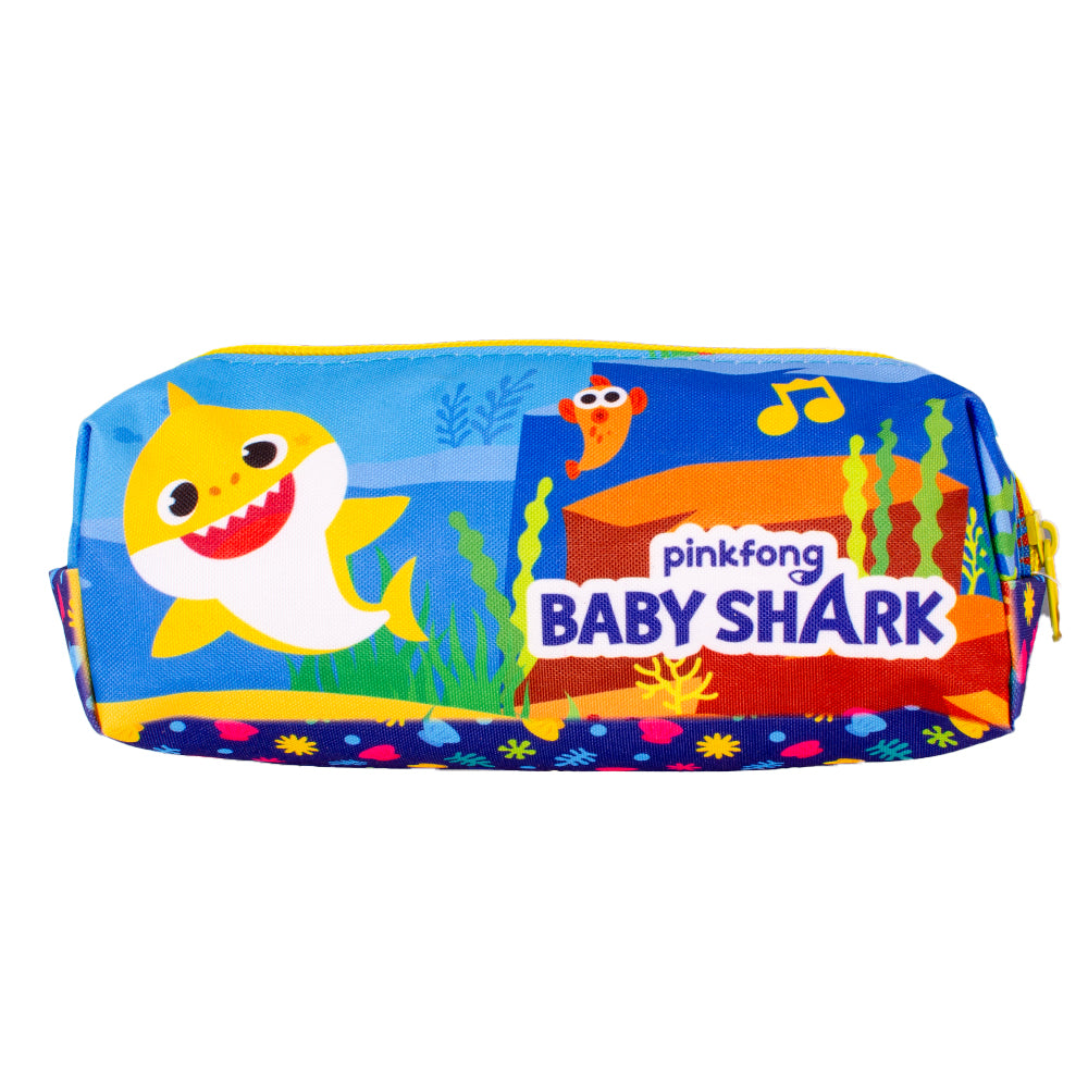 Baby Shark themed pencil case with blue ocean design and colourful shark characters