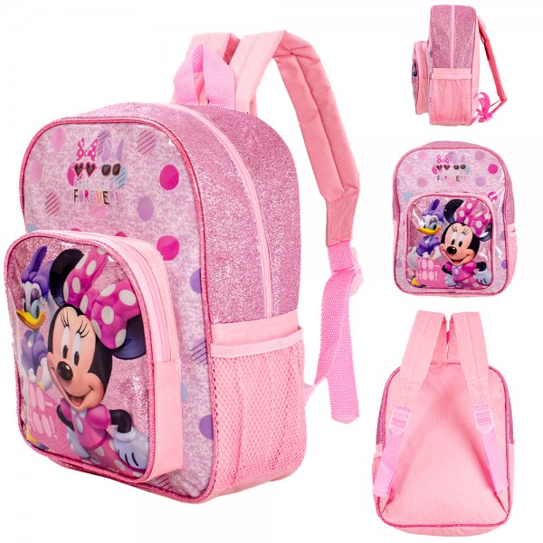 Pink Minnie Mouse glitter backpack with front zip pocket, adjustable straps and side mesh pocket shown from multiple angles 🎀🎒