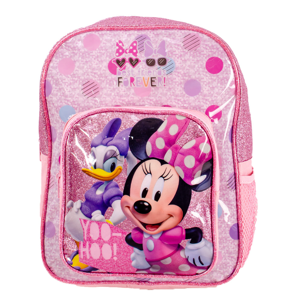 Pink Minnie Mouse glitter backpack with front zip pocket, adjustable straps and side mesh pocket shown from multiple angles 🎀🎒