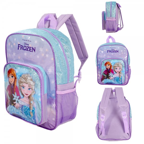 Disney Frozen backpack with purple and turquoise glitter panels, Elsa and Anna artwork, front pocket and adjustable padded straps shown from multiple angles ❄️🎒