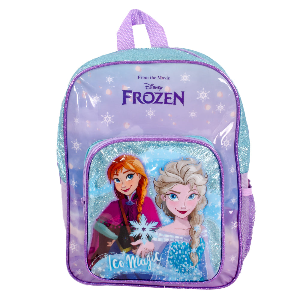 Disney Frozen backpack with purple and turquoise glitter panels, Elsa and Anna artwork, front pocket and adjustable padded straps shown from multiple angles ❄️🎒