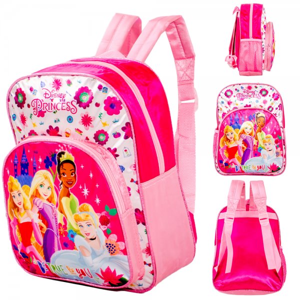 Disney Princess backpack with pink floral design and character artwork
