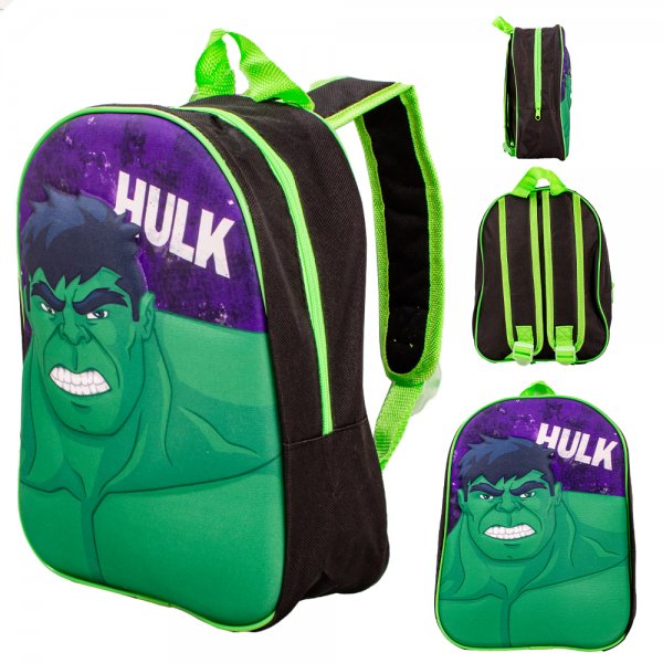 Green Hulk backpack with raised 3D character front, black sides and padded shoulder straps 💚🎒