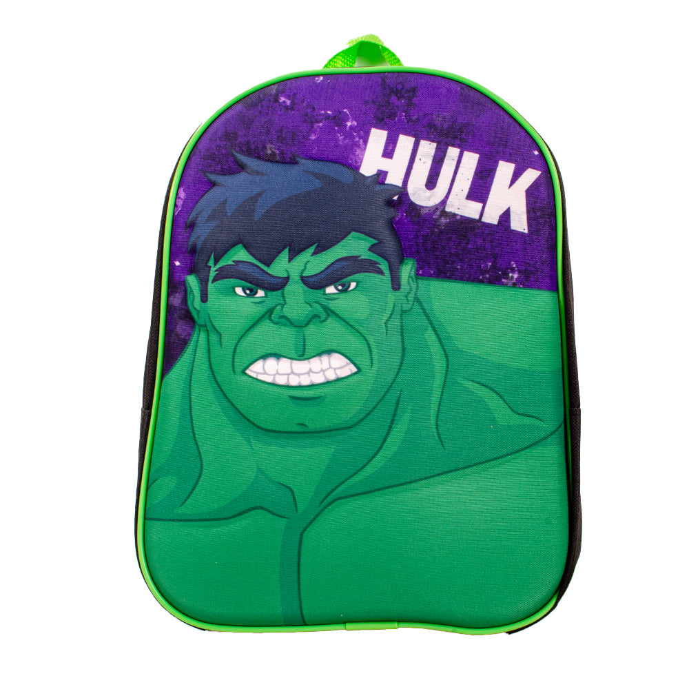 Green Hulk backpack with raised 3D character front, black sides and padded shoulder straps 💚🎒