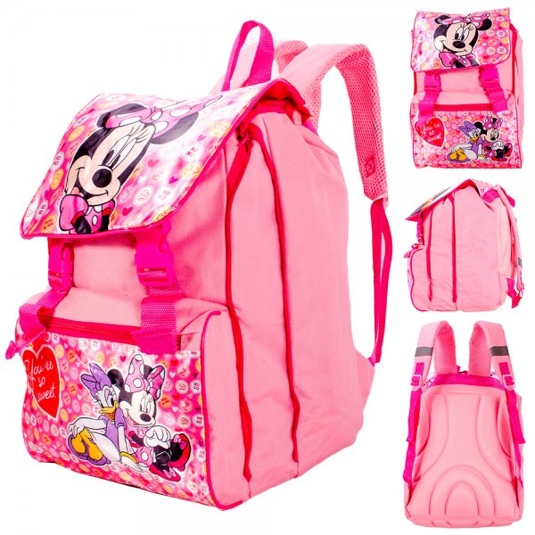 Pink Minnie Mouse kids backpack with flap top, buckle straps, padded back panel and adjustable shoulder straps